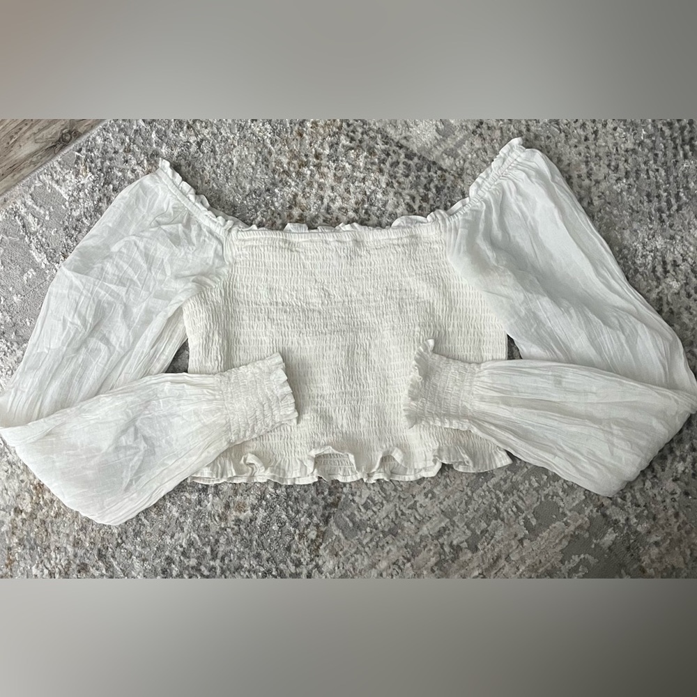 Aerie Smocked Long Sleeve Crop White Top